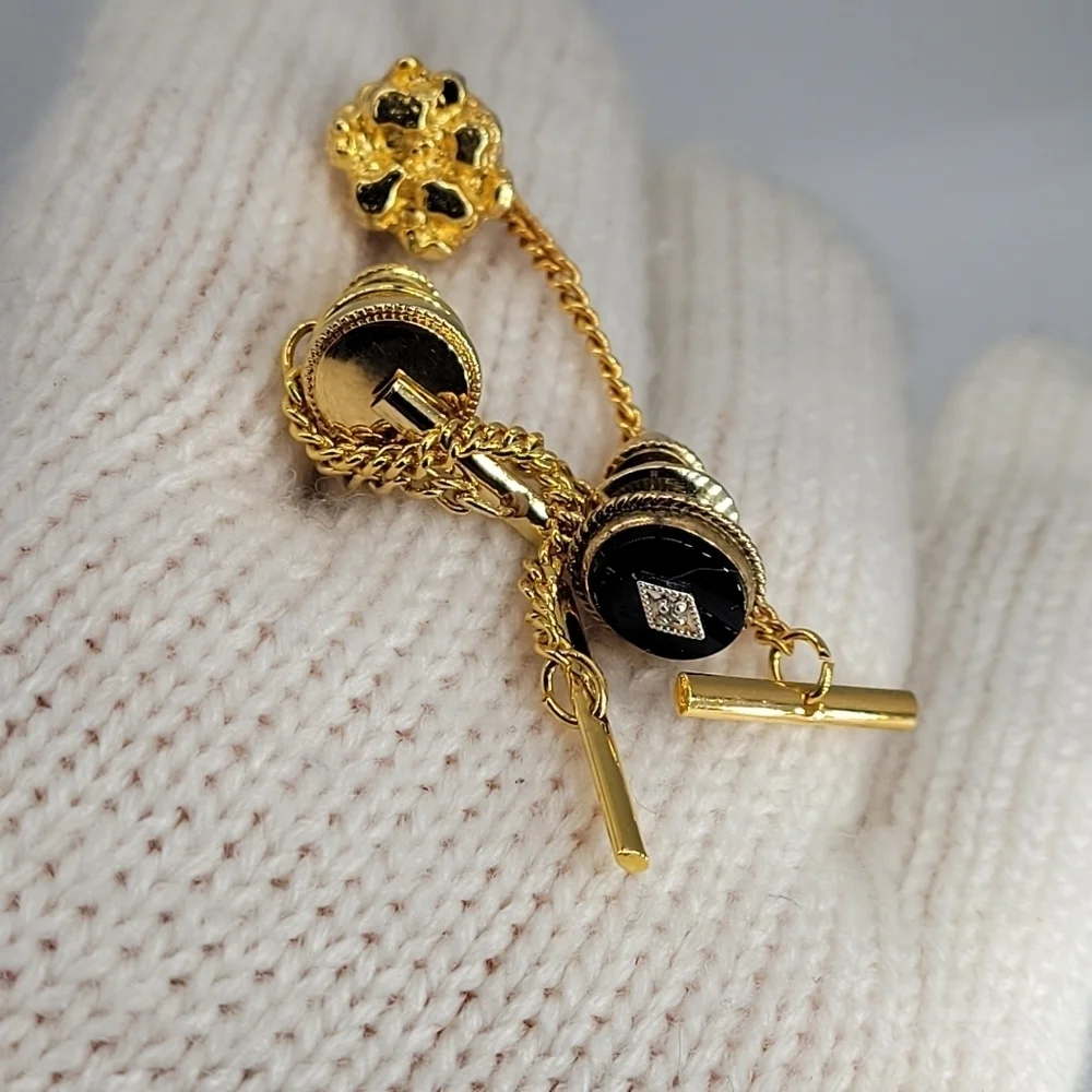 Mint! Lot of 3 Tie Tack Gold Tone Black Glass Stone, Two Accent Gold